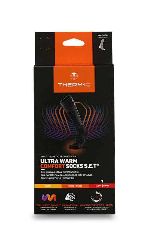 Verpackung der beheizbaren Therm-ic Comfort Socks S.E.T mit Merinowolle – ultrawarme Skisocken mit dünnem Heizelement und bis zu 9 Stunden Wärmespeicherung.
