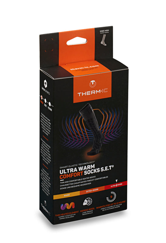 Seitliche Ansicht der Produktverpackung der Therm-ic Ultra Warm Comfort Socks S.E.T – beheizbare Kniestrümpfe mit Merinowolle, ideal für Wintersport, mit bis zu 9 Stunden Heizleistung.