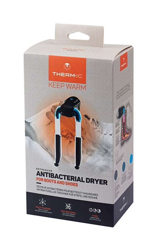 Verpackung des Therm-ic antibakteriellen Schuhtrockners für Stiefel und Schuhe – effektive Trocknung mit Warmluft und UV-Technologie zur Bakterienreduktion und Geruchsbeseitigung.