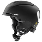 Der Uvex Resolution Mips 2026/2027 Skihelm von Uvex ist schwarz mit Ohrenschutz, Kinnriemen, Belüftungsschlitzen und einem gelben MIPS-Sicherheitssystem-Logo an der Seite, das auf weißem Hintergrund abgebildet ist.