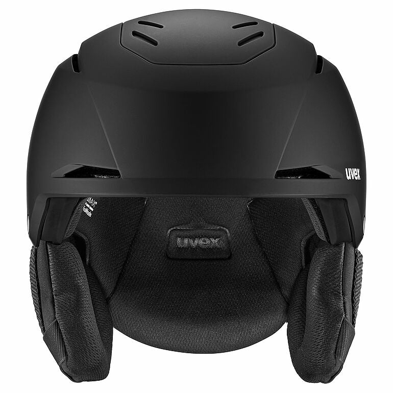 Der Uvex Resolution Mips 2026/2027 Skihelm in Schwarz verfügt über gepolsterte Ohrenschützer, Belüftungsschlitze auf der Oberseite und sichtbares Uvex-Branding auf der Vorderseite und an der Seite sowie das innovative MIPS-Sicherheitssystem für erhöhten Schutz.