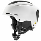 Der Uvex Resolution Mips 2026/2027 ist ein weiß-schwarzer Skihelm mit Ohrenschutz, Kinnriemen, Belüftungsöffnungen und dem MIPS-Sicherheitslogo an der Seite für mehr Sicherheit.