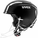 Der Uvex Resolution SL schwarz 2026/2027 ist ein glänzender schwarzer Skihelm mit weißem Logo, gepolstertem Innenfutter, seitlichen Belüftungsöffnungen und einem weißen Kinnriemen mit schwarzer Schnalle - ideal für Slalomhelm-Fans.