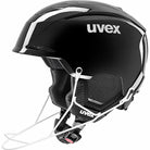 Der Uvex Resolution SL schwarz 2026/2027 ist ein glänzender schwarzer Skihelm mit weißem Logo, gepolstertem Innenfutter, seitlichen Belüftungsöffnungen und einem weißen Kinnriemen mit schwarzer Schnalle - ideal für Slalomhelm-Fans.