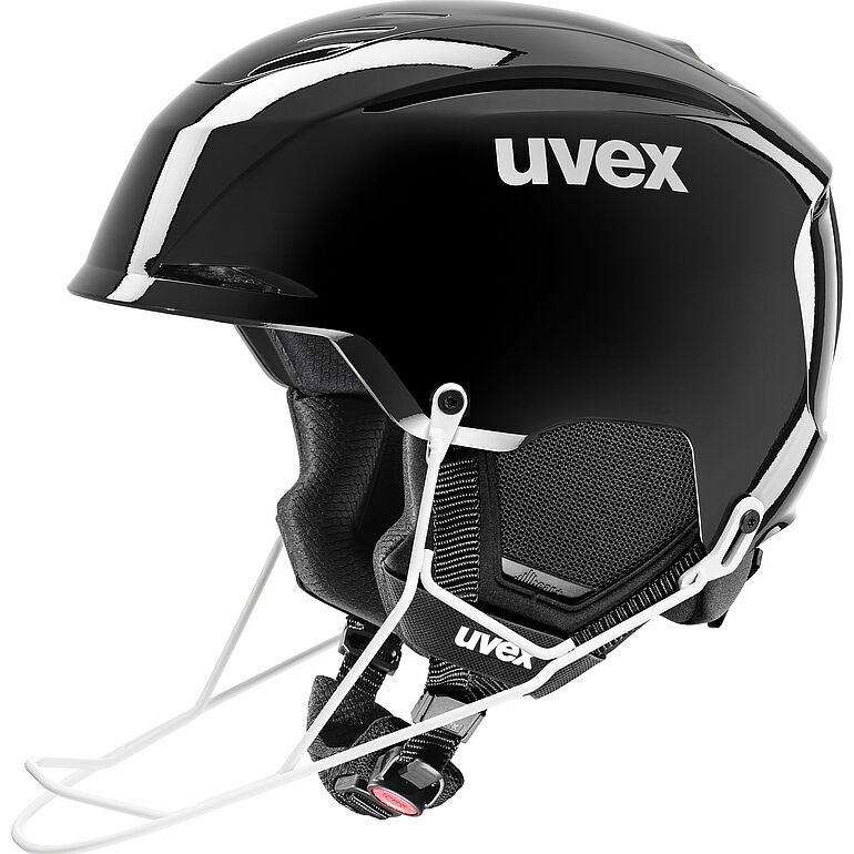 Der Uvex Resolution SL schwarz 2026/2027 ist ein glänzender schwarzer Skihelm mit weißem Logo, gepolstertem Innenfutter, seitlichen Belüftungsöffnungen und einem weißen Kinnriemen mit schwarzer Schnalle - ideal für Slalomhelm-Fans.