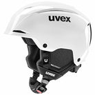 Der Uvex Resolution SL weiß 2026/2027 ist ein weißer Slalomhelm mit schwarzer Innenpolsterung, Belüftungsschlitzen, Gehörschutz, verstellbarem Kinnriemen und dem Uvex-Markenzeichen in Schwarz an der Seite.