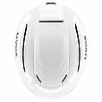 Draufsicht auf den Uvex Resolution SL weiß 2026/2027: ein weißer, aerodynamischer Helm mit schwarzen Belüftungslinien und beidseitigem "Uvex"-Branding - perfekt als Skihelm für sportliche Fahrer.