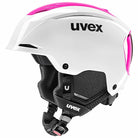 Der Uvex Resolution SL weiß-pink 2026/2027 ist ein stylischer weißer Skihelm für Damen mit schwarzer Innenpolsterung, einem verstellbaren schwarzen Kinnriemen, rosa Akzenten auf der Ober- und Rückseite und einem schwarzen Uvex-Logo an der Seite.