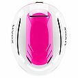 Draufsicht auf die Uvex Resolution SL weiß-pink 2026/2027 von Uvex, mit leuchtenden rosa und weißen Farben mit schwarzen Details, zentriert in einem weißen ovalen Rahmen - ideal für Fans von dynamischem Design und Rennsportthemen.