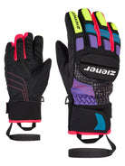 Ziener Kinder Rennhandschuh mit Protektoren in Schwarz und bunten Farben wie Neon, Pink und Lila, mit robuster Oberhand, rutschfester Innenhand, Sicherheitsband und breitem Klettverschluss – ideal fuer Skirennen und Training.