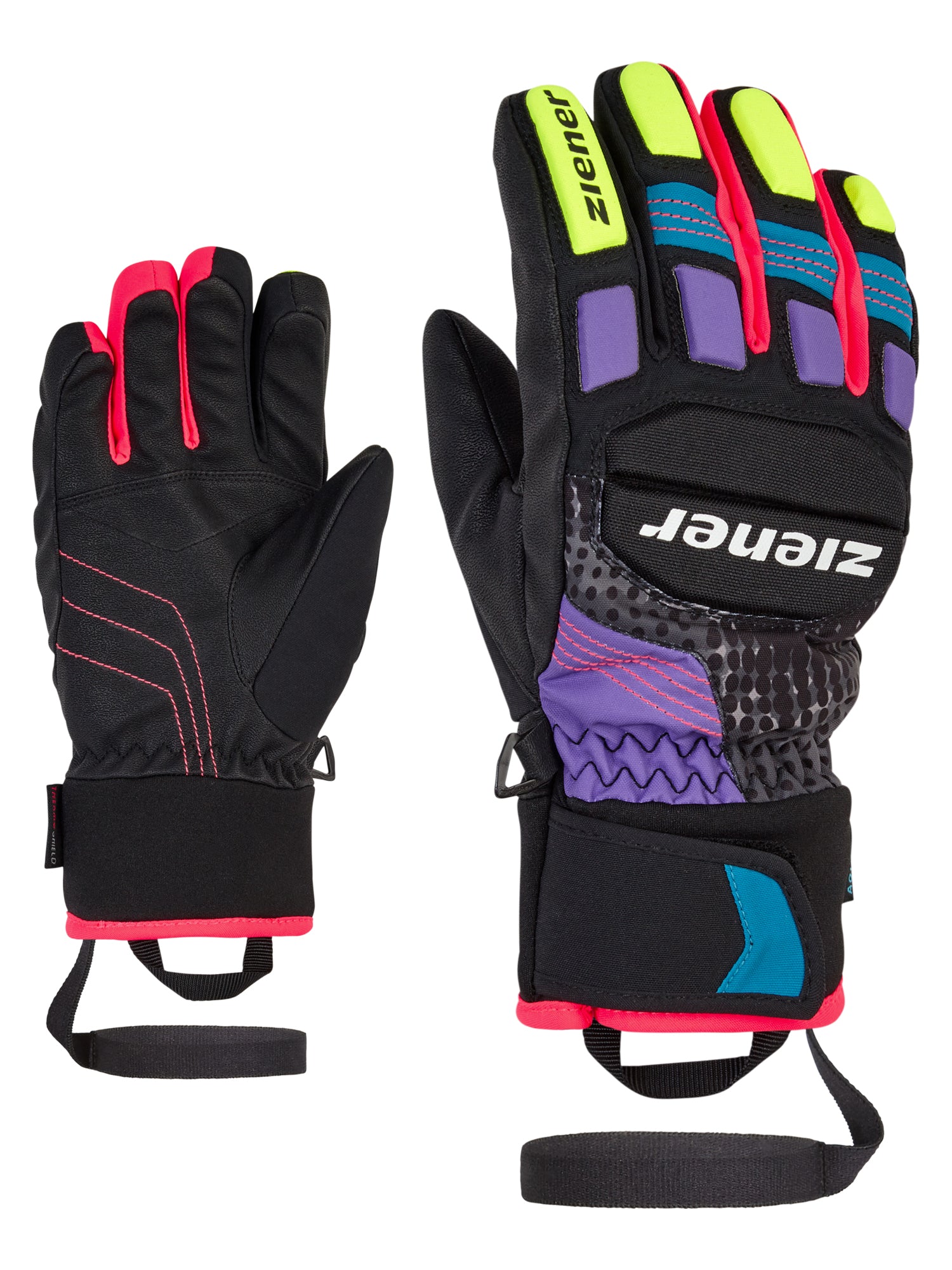 Ziener Kinder Rennhandschuh mit Protektoren in Schwarz und bunten Farben wie Neon, Pink und Lila, mit robuster Oberhand, rutschfester Innenhand, Sicherheitsband und breitem Klettverschluss – ideal fuer Skirennen und Training.