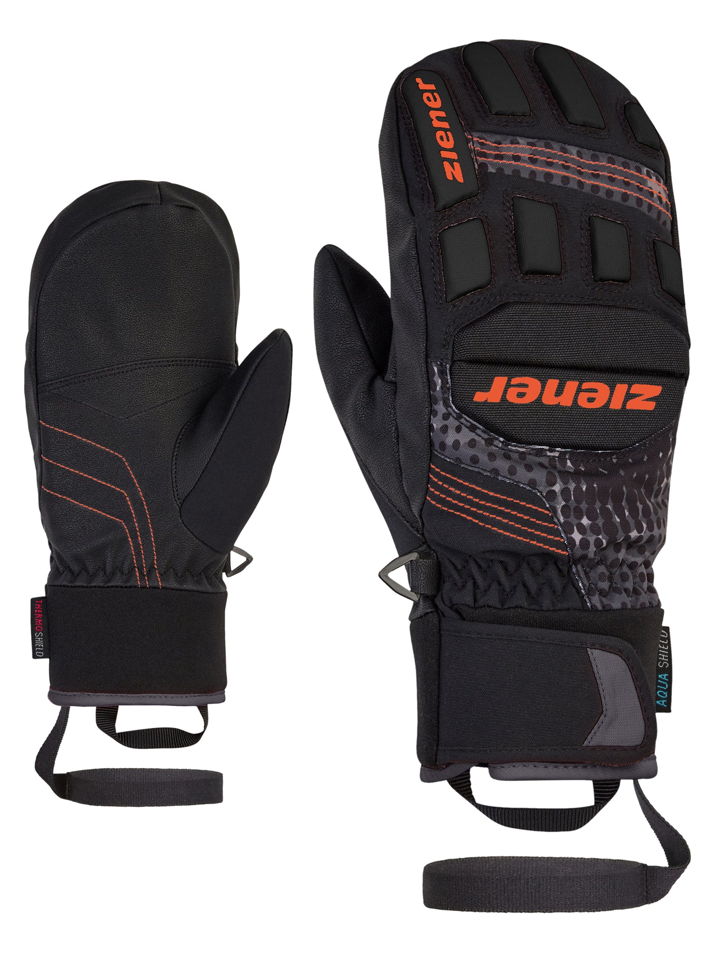 Ziener Rennhandschuh fuer Kinder in Schwarz mit orangefarbenen Naehten und Protektoren, robuster Oberhand, verstaerkter Innenhand und breitem Klettverschluss – ideal fuer den alpinen Skirennsport.