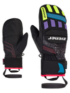 Ziener Rennhandschuh fuer Kinder in Schwarz mit farbigen Protektoren, verstaerkter Innenhand und breitem Klettverschluss, ideal fuer Skirennen und aktive Wintersportarten.