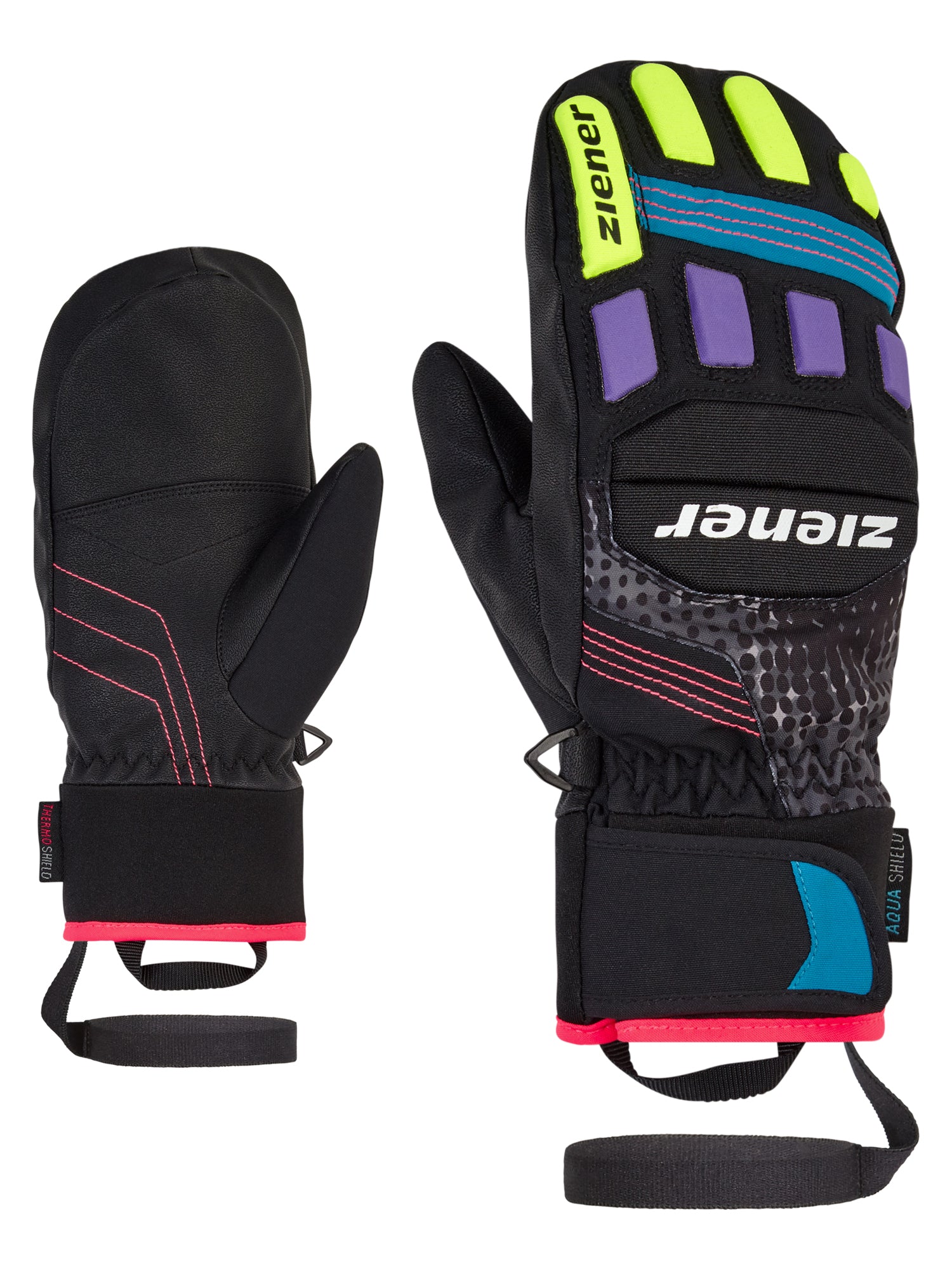 Ziener Rennhandschuh fuer Kinder in Schwarz mit farbigen Protektoren, verstaerkter Innenhand und breitem Klettverschluss, ideal fuer Skirennen und aktive Wintersportarten.