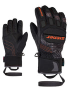 Ziener Kinder Rennhandschuh in Schwarz mit orangen Naehten, robustem Protektor auf der Oberhand, rutschfester Innenhand, breitem Klettverschluss und Sicherheitsband – ideal fuer alpinen Skirennsport und intensives Training