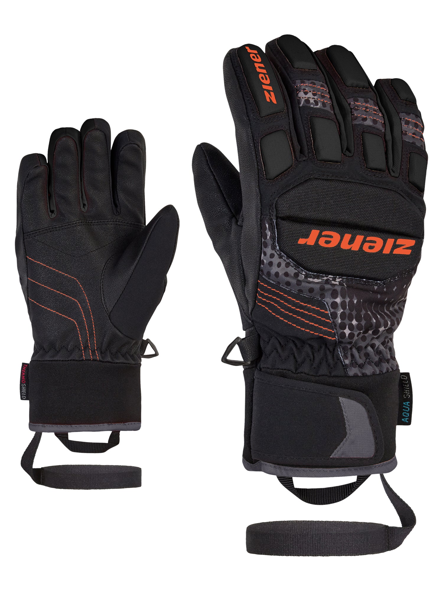 Ziener Kinder Rennhandschuh in Schwarz mit orangen Naehten, robustem Protektor auf der Oberhand, rutschfester Innenhand, breitem Klettverschluss und Sicherheitsband – ideal fuer alpinen Skirennsport und intensives Training