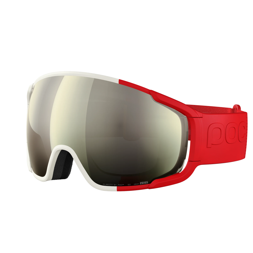 POC Zonula Rouge Blanc – Skibrille mit Clarity-Scheibe und rot-weißem Band.
