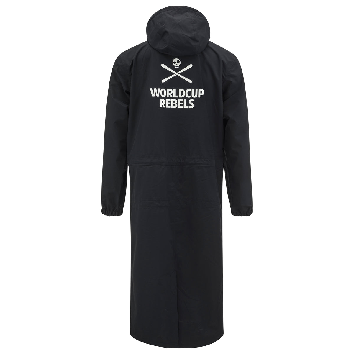 HEAD Worldcup Rebels Race Rain Coat Junior – langer, wasserdichter Rennmantel für Kinder mit Kapuze und Worldcup Rebels Logo auf dem Rücken, ideal für Skirennen und Training bei Regen.