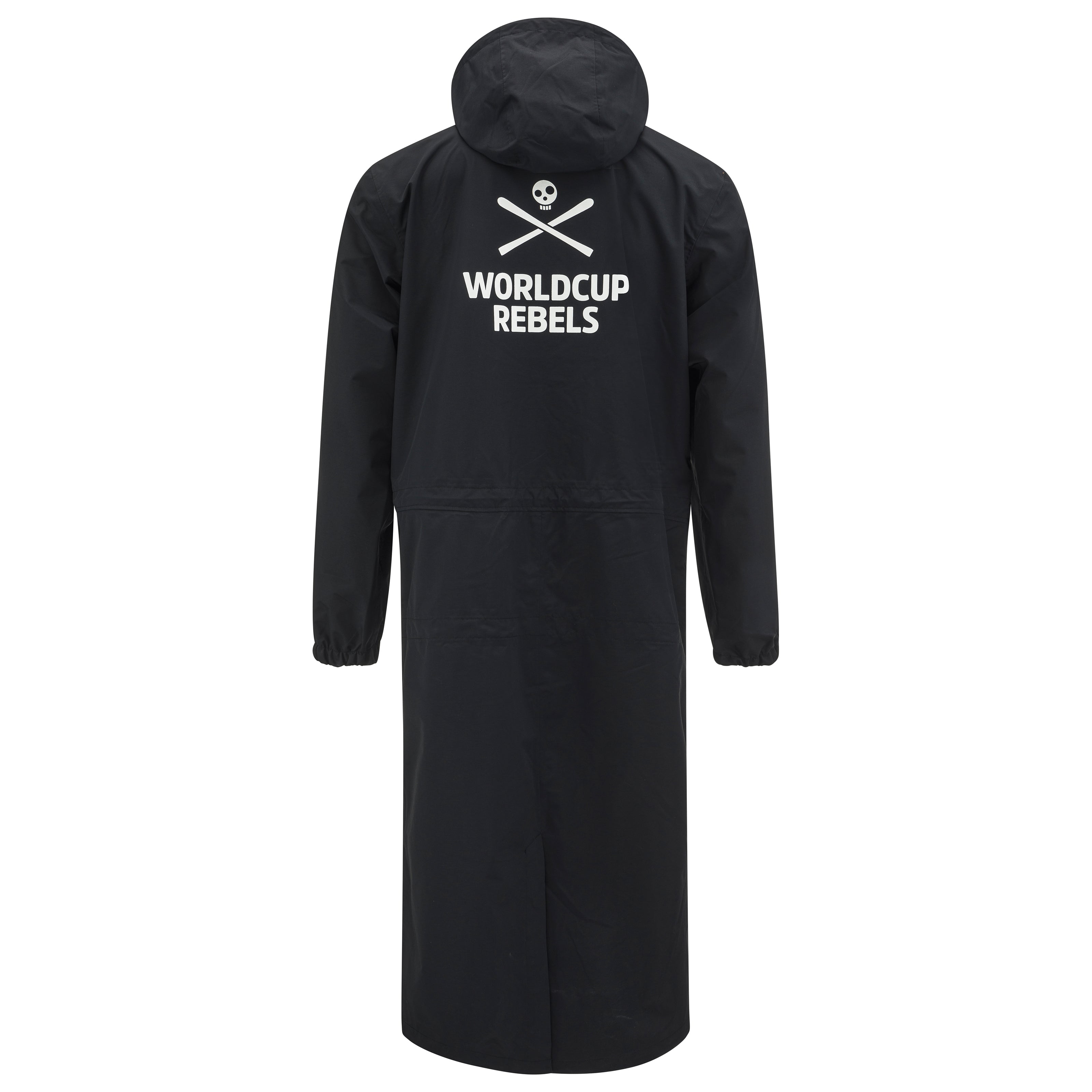 HEAD Worldcup Rebels Race Rain Coat Junior – langer, wasserdichter Rennmantel für Kinder mit Kapuze und Worldcup Rebels Logo auf dem Rücken, ideal für Skirennen und Training bei Regen.