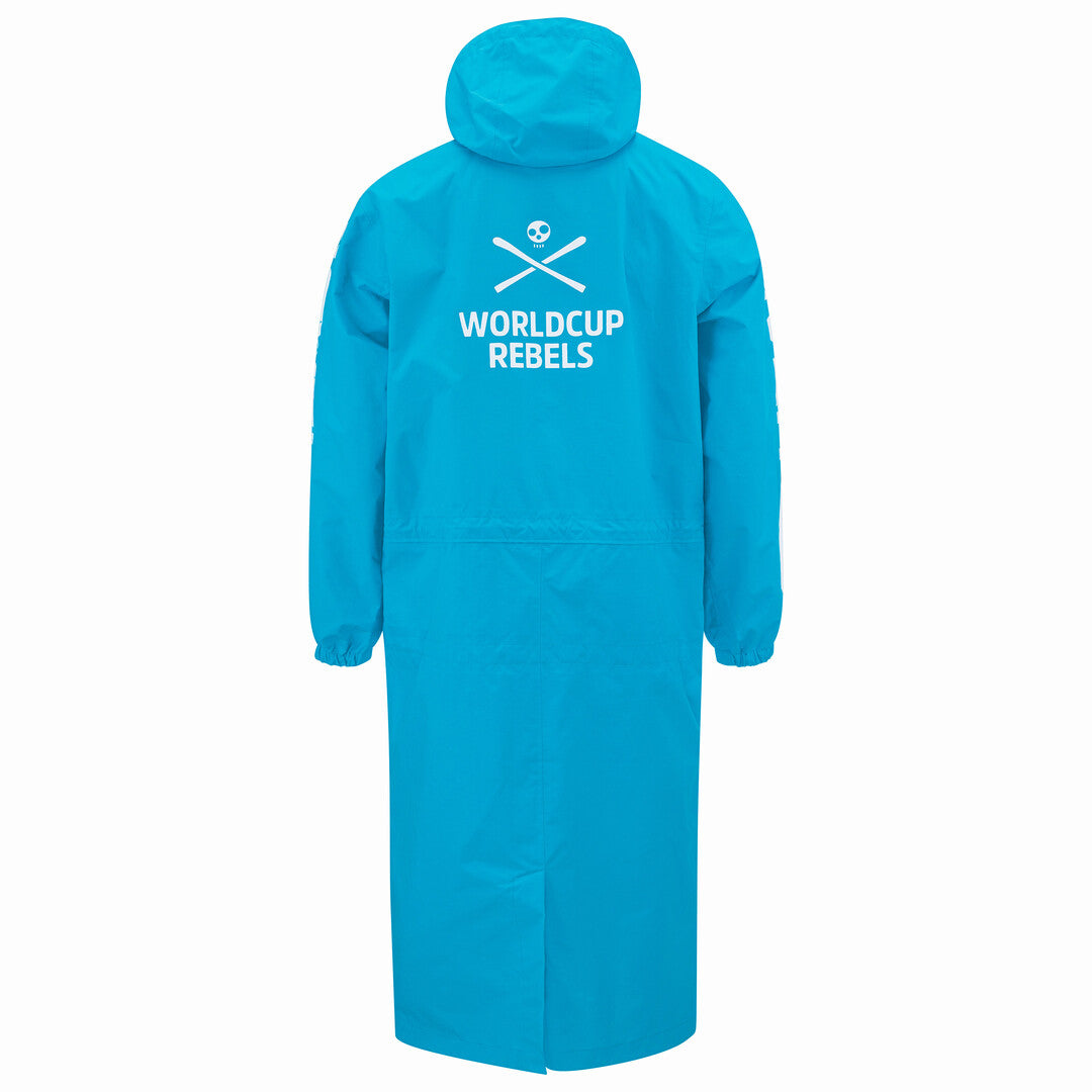 HEAD Worldcup Rebels Race Regenmantel Junior in Blau – wasserdichter Skimantel für Kinder mit Kapuze, elastischen Bündchen und langem Schnitt für optimalen Schutz bei Rennpausen im Schnee.
