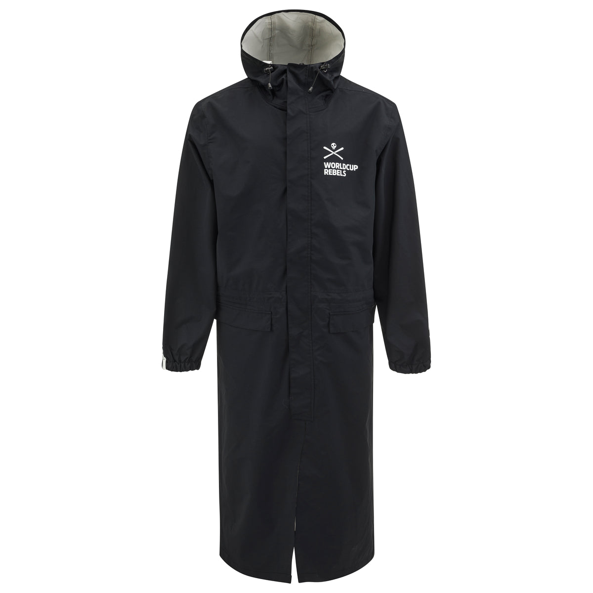 HEAD Worldcup Rebels Race Rain Coat Unisex – langer, wasserdichter Skimantel mit Kapuze und Worldcup Rebels Logo auf der Brust, ideal für Rennläufer und Trainer bei nassem Wetter.