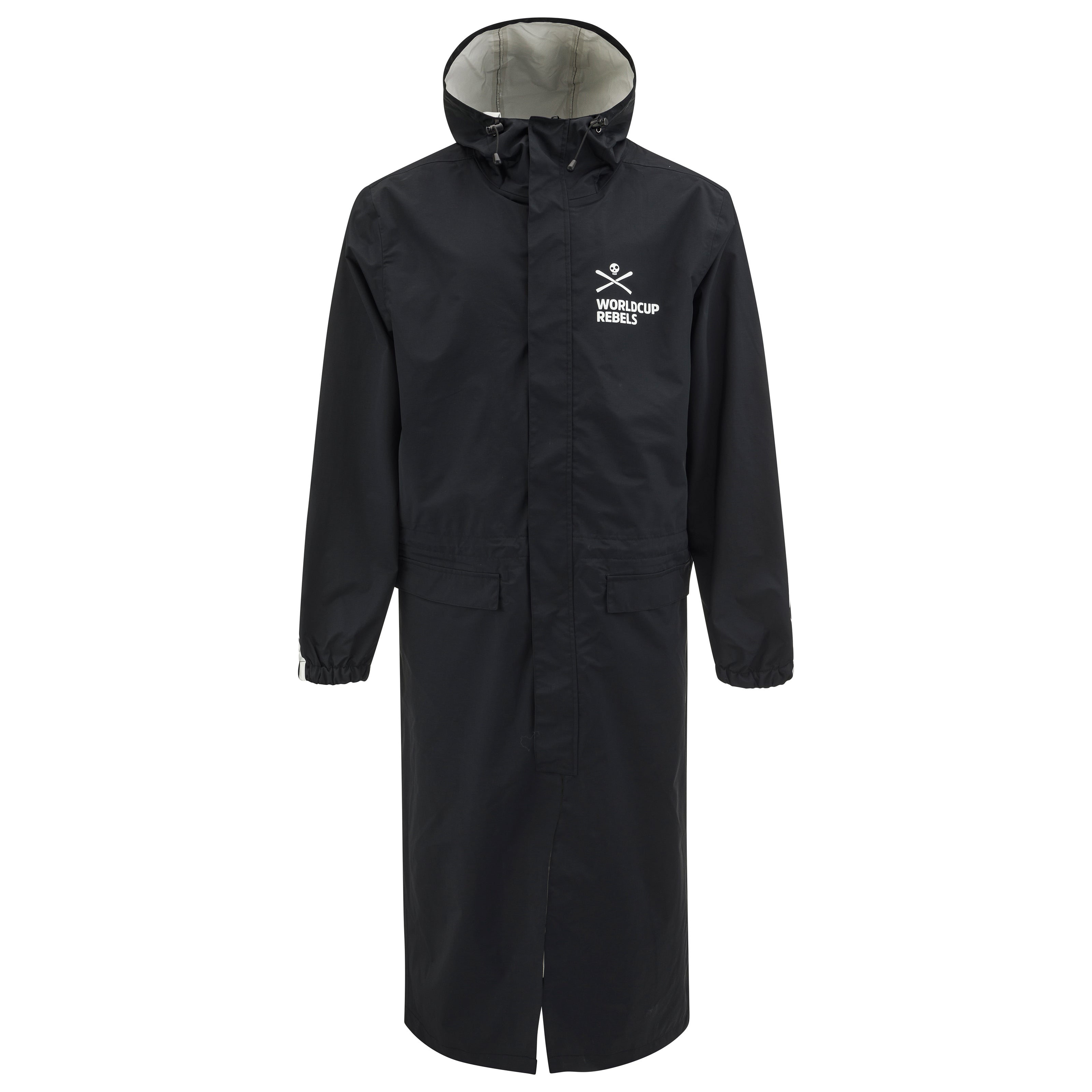HEAD Worldcup Rebels Race Rain Coat Unisex – langer, wasserdichter Skimantel mit Kapuze und Worldcup Rebels Logo auf der Brust, ideal für Rennläufer und Trainer bei nassem Wetter.