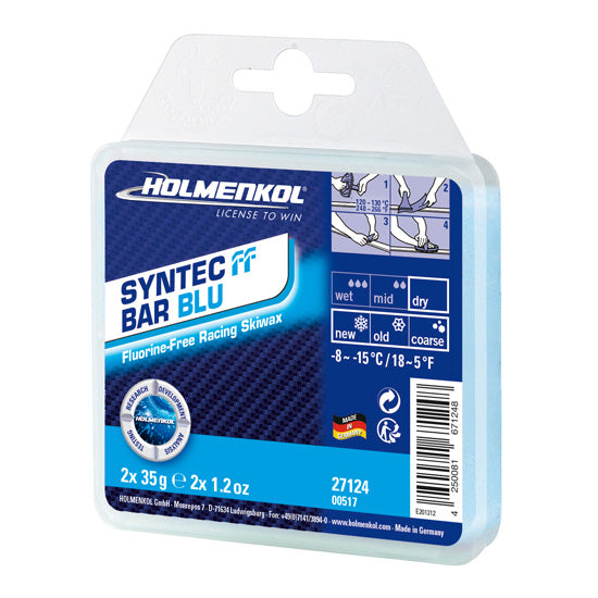 Holmenkol Syntec Bar Blu Skiwachs – fluorfreies Rennwachs für kalte Temperaturen von -8 bis -15 °C, ideal für trockenen bis feinkörnigen Schnee.