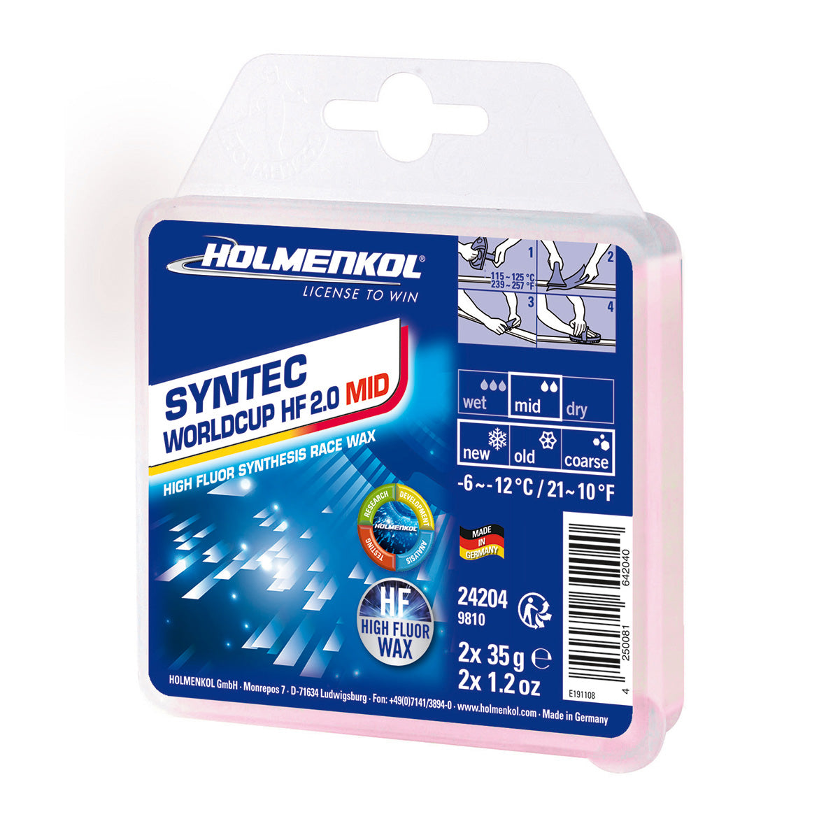 Holmenkol Syntec Worldcup HF 2.0 Mid – Hochfluor-Rennwachs für mittlere Temperaturen und anspruchsvolle Schneebedingungen im alpinen Skisport.