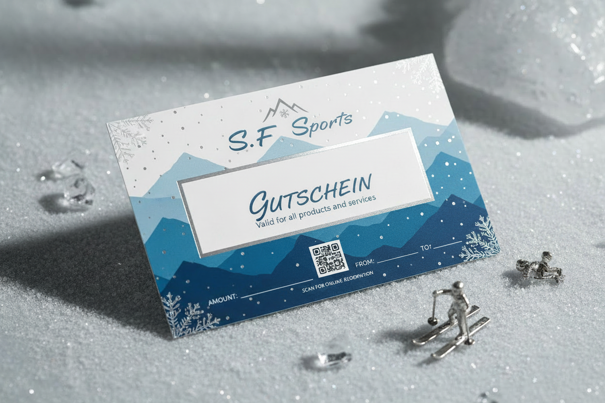Der S.F. Sports Gutschein von S.F. Sports zeigt ein winterliches Motiv mit blauen Bergen, Schneeflocken, metallenen Skifiguren, Feldern für Betrag/Bis/Von und einem QR-Code. Gültig für alle Fitness & Streetwear oder Sport & Freizeitartikel.