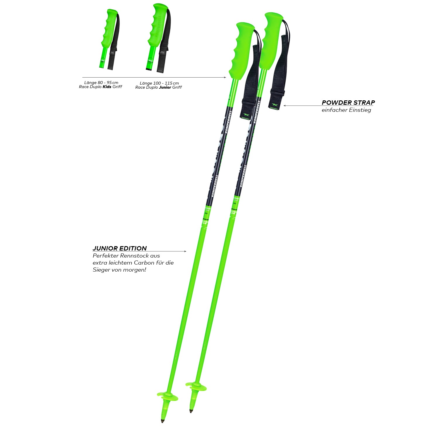 Komperdell National Team Carbon Junior – leichter grüner Rennskistock für Kinder aus Carbon mit ergonomischem Griff und Powder Strap