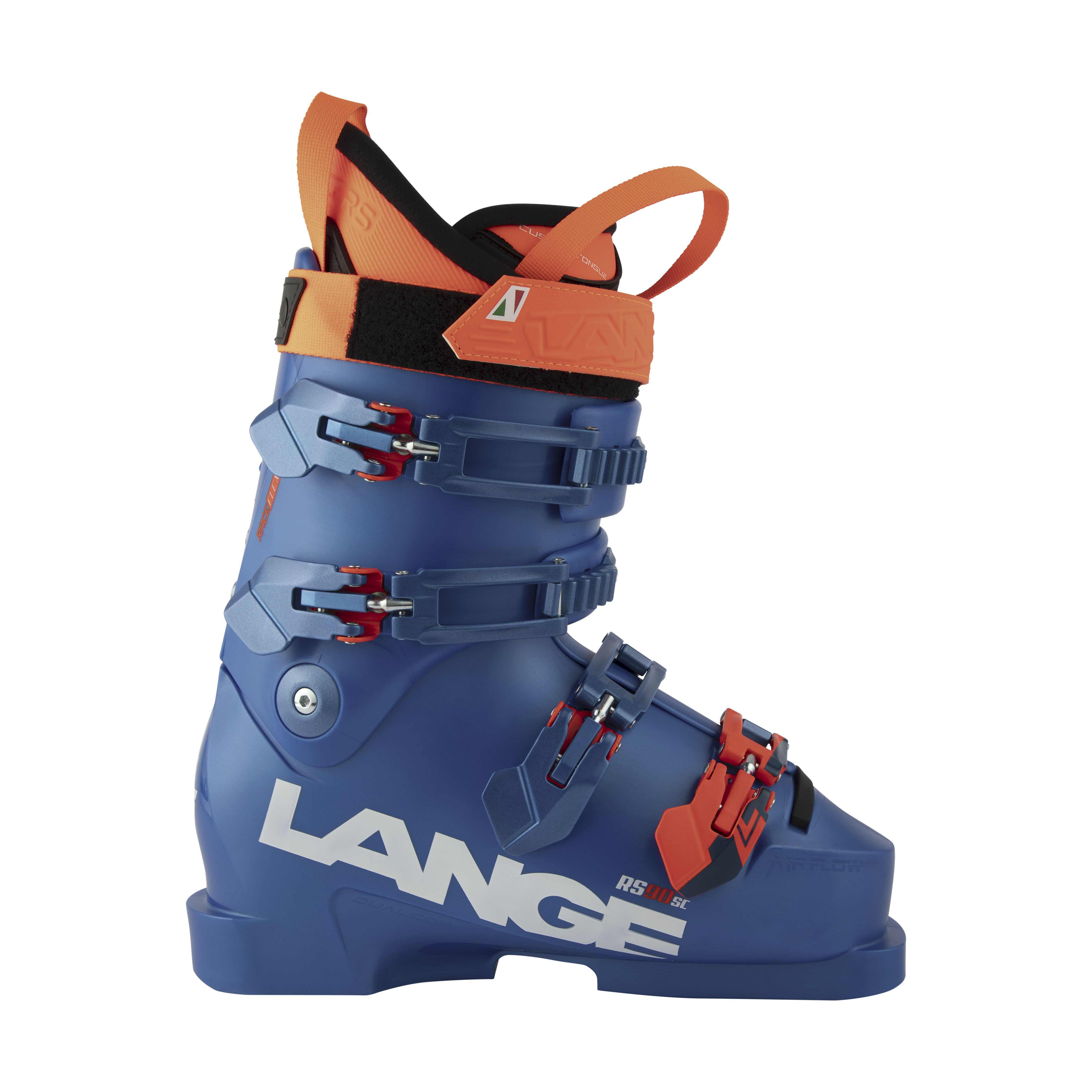 Lange RS 90 SC Skischuh für Herren in Blau-Orange – sportlicher Rennskischuh mit Short Cuff für kleinere Athleten, präzise Kraftübertragung und optimaler Sitz