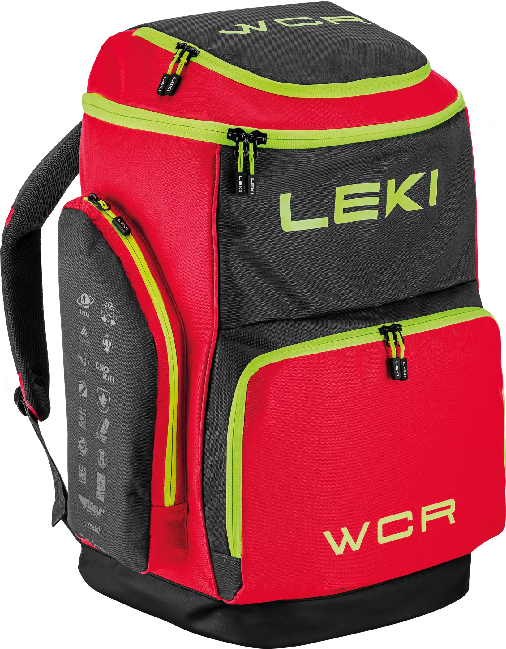 LEKI WCR Team Skirucksack in Rot und Schwarz – robuster und geräumiger Race-Rucksack für Skirennsport, mit mehreren Fächern für Schuhe, Helm und Zubehör, ideal für Profisportler und Rennteams
