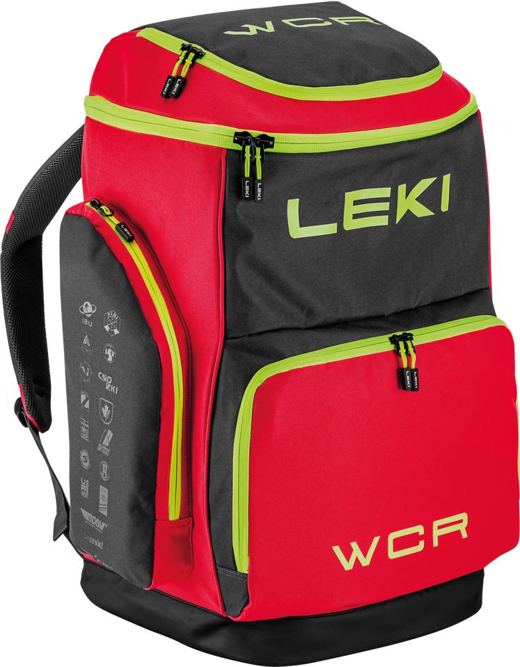 LEKI WCR Team Skirucksack in Rot und Schwarz – robuster und geräumiger Race-Rucksack für Skirennsport, mit mehreren Fächern für Schuhe, Helm und Zubehör, ideal für Profisportler und Rennteams
