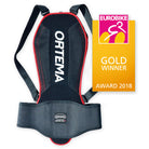 Der Ortema ORTHO-MAX Light JUNIOR Rückenprotektor in Schwarz mit roten Details wird neben einer goldenen EUROBIKE GOLD WINNER AWARD 2018 Plakette mit einem Radfahrersymbol gezeigt, die den fortschrittlichen Wirbelsäulenschutz hervorhebt.