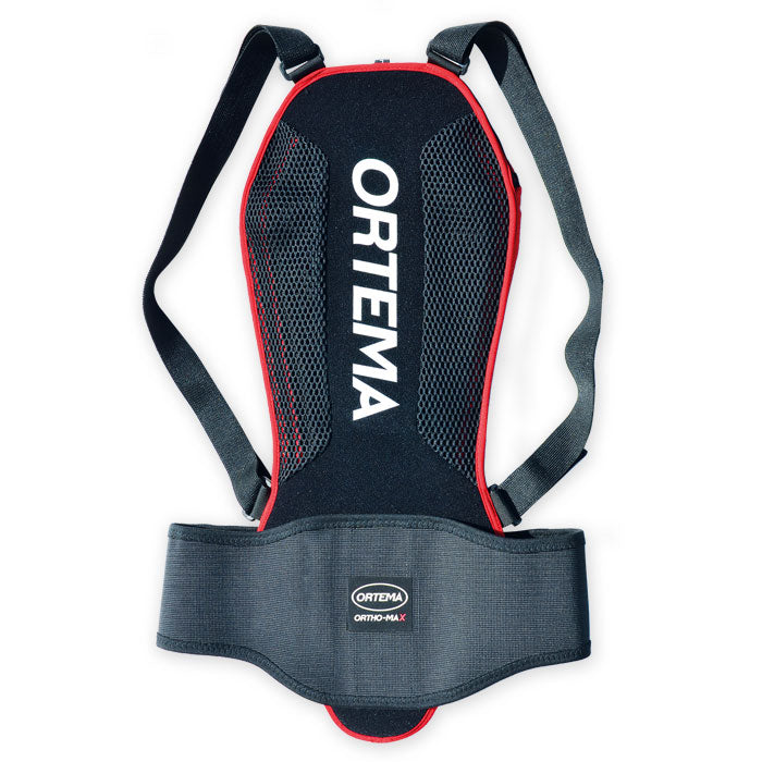 Der Ortema ORTHO-MAX Light ist ein schwarz-roter Rückenprotektor mit Schultergurten und einem breiten, verstellbaren Hüftgurt, der für einen optimalen Schutz der Wirbelsäule beim Sport oder bei körperlichen Aktivitäten entwickelt wurde.