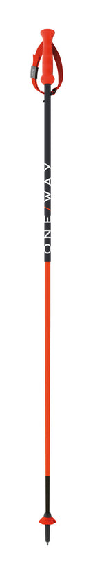 Der One Way RD SL Junior Skistock mit rotem Griff und roter Spitze, dem ONE WAY"-Schriftzug vertikal in weiß auf dem Aluminiumschaft und dem strapazierfähigen Race Teller ist ideal für junge Skifahrer auf der Piste.