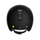 Der schwarze POC Sports Poc Skull Dura X Mips-Helm ist von hinten zu sehen und verfügt über einen gelben MIPS-Sicherheitsaufkleber, eine zentrale Halterung und verstellbare Kinnriemen mit orangefarbener Lasche.