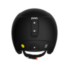 Der schwarze POC Sports Poc Skull Dura X Mips-Helm ist von hinten zu sehen und verfügt über einen gelben MIPS-Sicherheitsaufkleber, eine zentrale Halterung und verstellbare Kinnriemen mit orangefarbener Lasche.