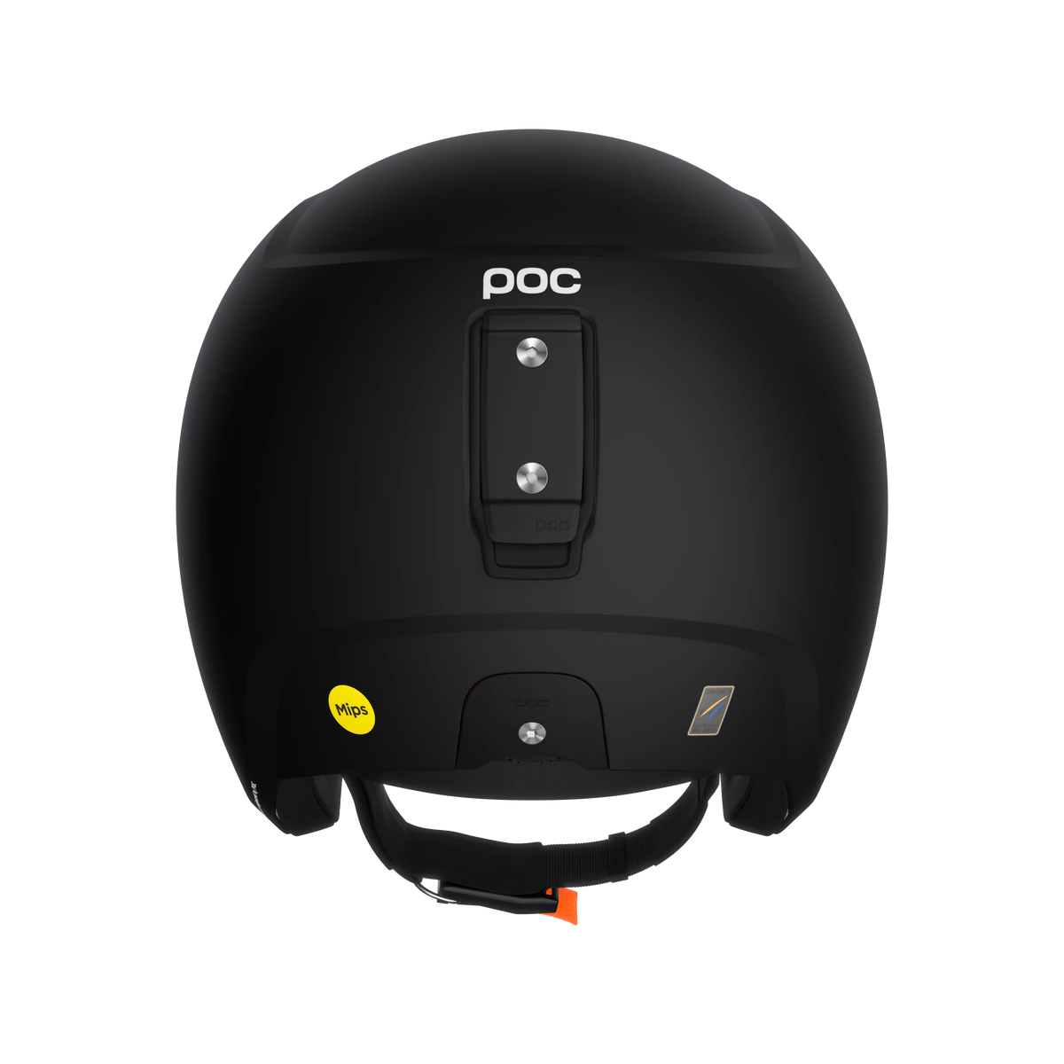 Der schwarze POC Sports Poc Skull Dura X Mips-Helm ist von hinten zu sehen und verfügt über einen gelben MIPS-Sicherheitsaufkleber, eine zentrale Halterung und verstellbare Kinnriemen mit orangefarbener Lasche.