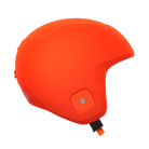 Der POC Sports Poc Skull Dura X Mips Helm verfügt über ein leuchtend orangefarbenes Finish, ein glattes, abgerundetes Design, kleine Belüftungsöffnungen und einen verstellbaren schwarzen Kinnriemen mit orangefarbenen Details. Der Rotationsaufprallschutz erhöht die Sicherheit. Abgebildet auf einfarbig weißem Hintergrund.