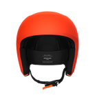 Ein leuchtend orangefarbener POC Sports Poc Skull Dura X Mips Helm wird von vorne gezeigt, mit schwarzer Polsterung, Größenetikett, verstellbarem Kinnriemen mit orangefarbenem Verschluss und fortschrittlichem Rotationsaufprallschutz vor einem schlichten weißen Hintergrund.
