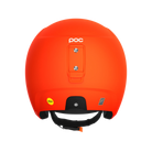 Der POC Sports Poc Skull Dura X Mips Helm in leuchtendem Orange ist von hinten abgebildet und zeigt das MIPS-Logo für den Rotationsaufprallschutz, den verstellbaren Riemen und den Befestigungsschlitz vor einem weißen Hintergrund.