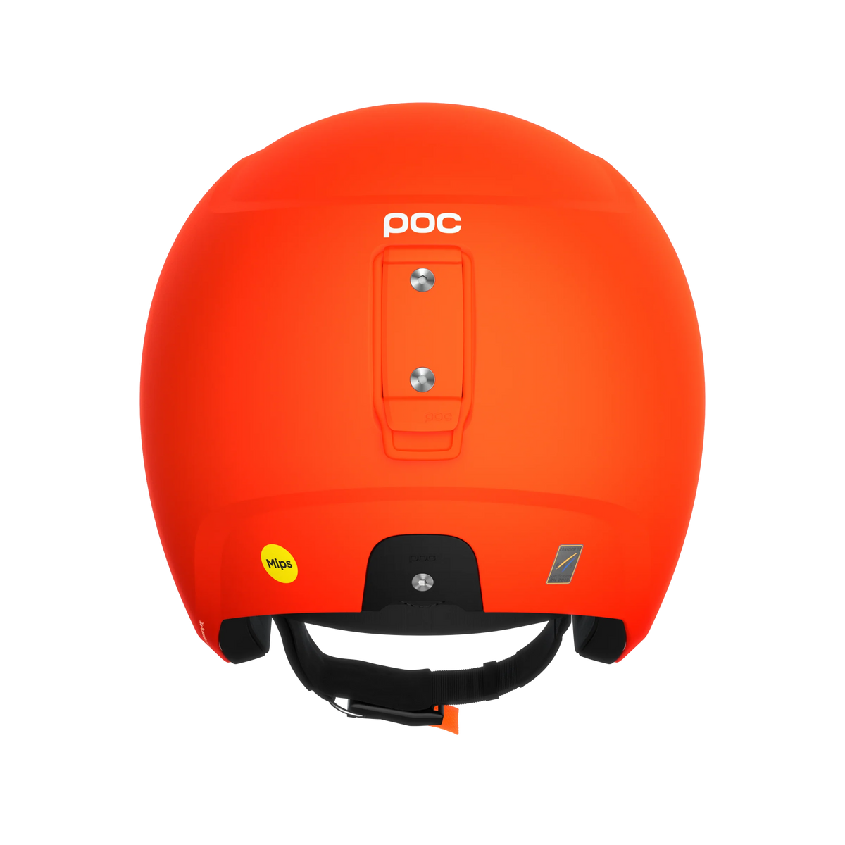 Der POC Sports Poc Skull Dura X Mips Helm in leuchtendem Orange ist von hinten abgebildet und zeigt das MIPS-Logo für den Rotationsaufprallschutz, den verstellbaren Riemen und den Befestigungsschlitz vor einem weißen Hintergrund.