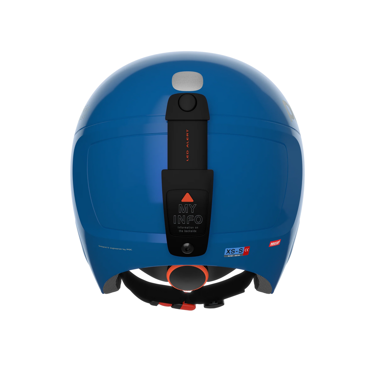Der POC Sports POCito Skull ist von hinten gesehen ein blauer Helm mit einem schwarzen Mittelteil mit der Aufschrift MY INFO, einem rot hervorgehobenen Knopf, einem verstellbaren Kinnriemen und der Größenangabe XS-S.