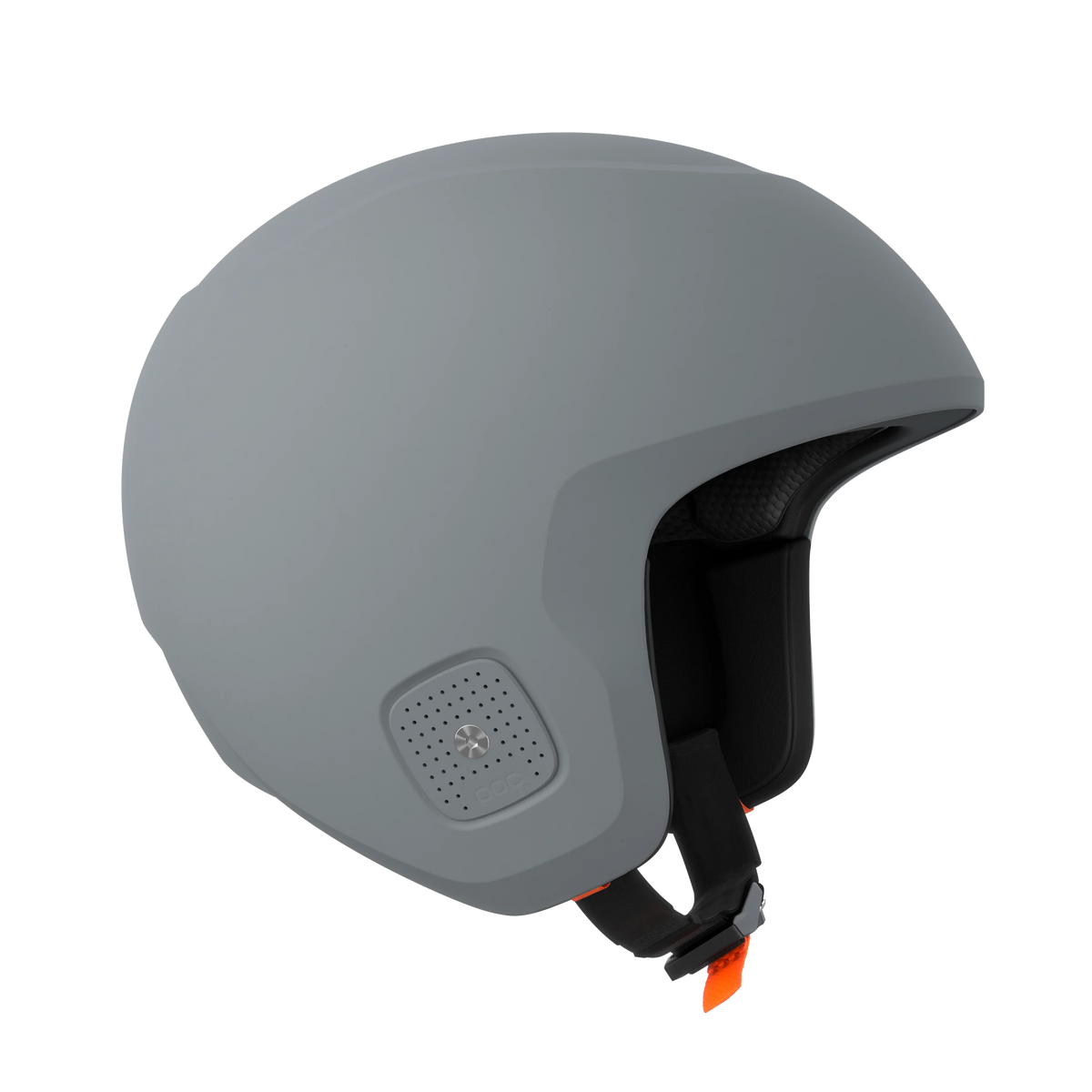 Der POC Sports Poc Skull Dura X Mips ist ein mattgrauer Integralhelm mit schwarzem Innenfutter, Belüftung im Ohrbereich, Kinnriemen mit orangefarbener Schnalle und FIS RH 2013 Zertifizierung.