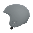 Der POC Sports Poc Skull Dura X MIPS ist ein mattgrauer Skihelm mit einem glatten, abgerundeten Design, seitlichen Belüftungslöchern, einem verstellbaren Kinnriemen mit rotem Clip und einem gelben MIPS-Sicherheitsaufkleber. FIS RH 2013 zertifiziert für höchste Sicherheit.