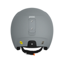 Der POC Sports Poc Skull Dura X Mips Skihelm in Grau ist von hinten abgebildet und zeigt eine rechteckige Halterung, das Mips Sicherheitslogo, einen schwarzen Kinnriemen mit orangefarbenen Details und die FIS RH 2013 Zertifizierung für zusätzliche Sicherheit.