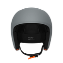Ein mattgrauer POC Sports Poc Skull Dura X Mips Helm von hinten gesehen, mit sichtbarer Innenpolsterung, einem schwarzen Kinnriemen mit orangefarbenen Laschen und weißem Text auf der Innenseite.