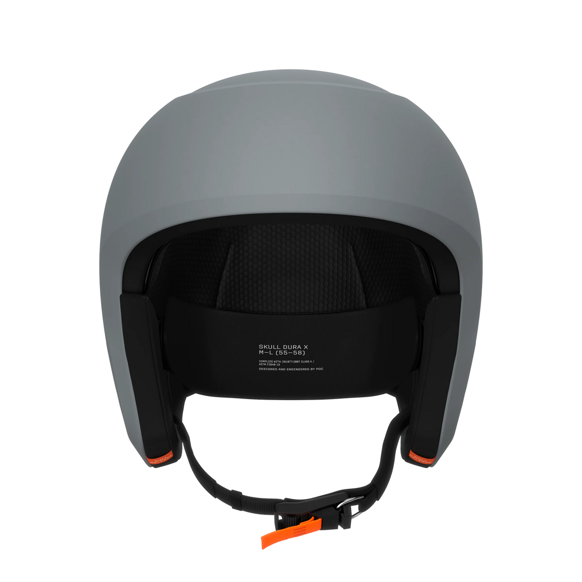 Ein mattgrauer POC Sports Poc Skull Dura X Mips Helm von hinten gesehen, mit sichtbarer Innenpolsterung, einem schwarzen Kinnriemen mit orangefarbenen Laschen und weißem Text auf der Innenseite.