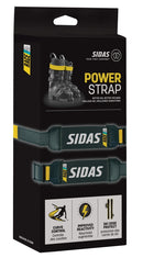 Die Verpackung von Sidas Sidas Powerstrap P1 zeigt Skischuhe, zwei elastische Riemen und Symbole für Kurvenkontrolle, bessere Reaktionsfähigkeit und Kantenschutz in Schwarz, Gelb und Grün, um die Vorteile der Skischuhe Flexion hervorzuheben.